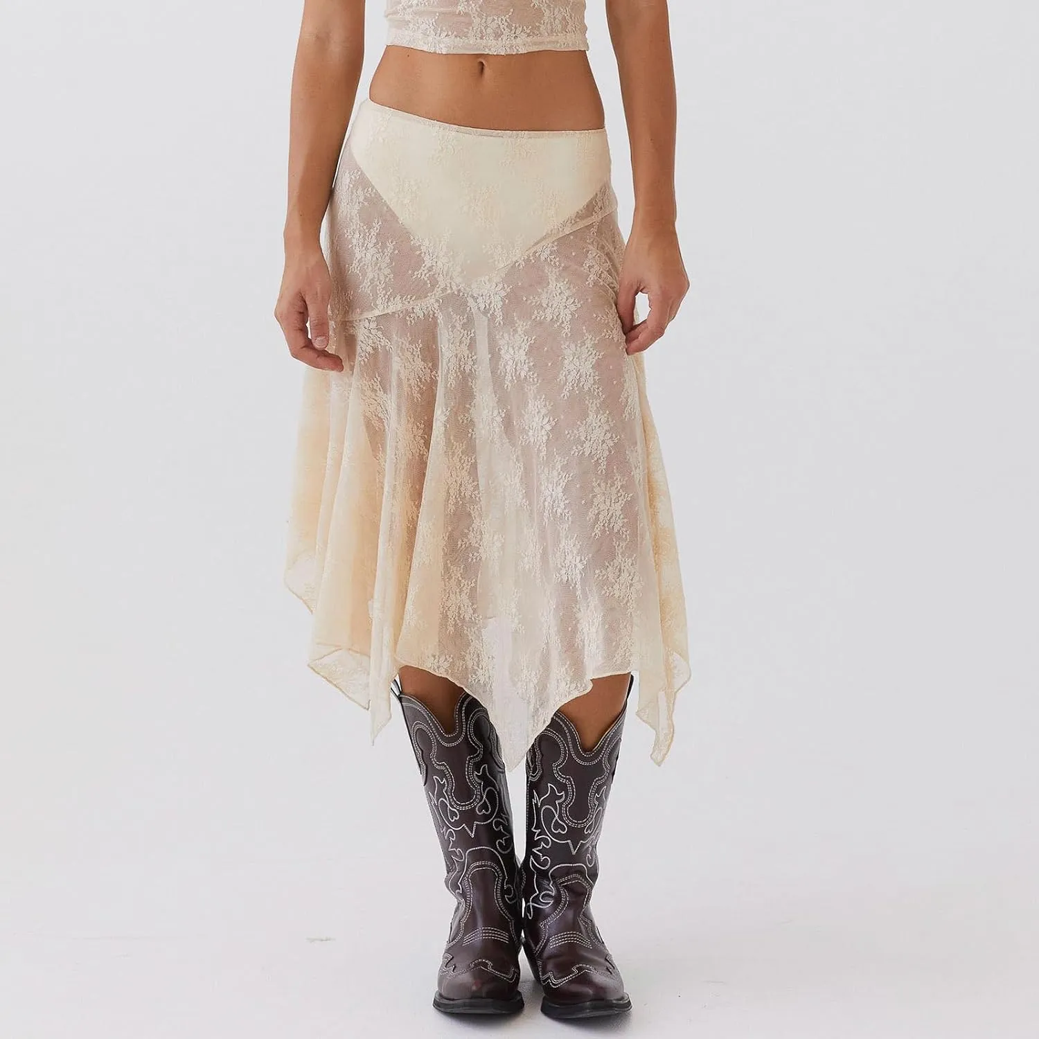 KMBANGI Womens Mesh Lace Long Skirt Asymmetrical Layered Ruffle Maxi Skirts Flowy Y2k See Through Midi Skirt Summer