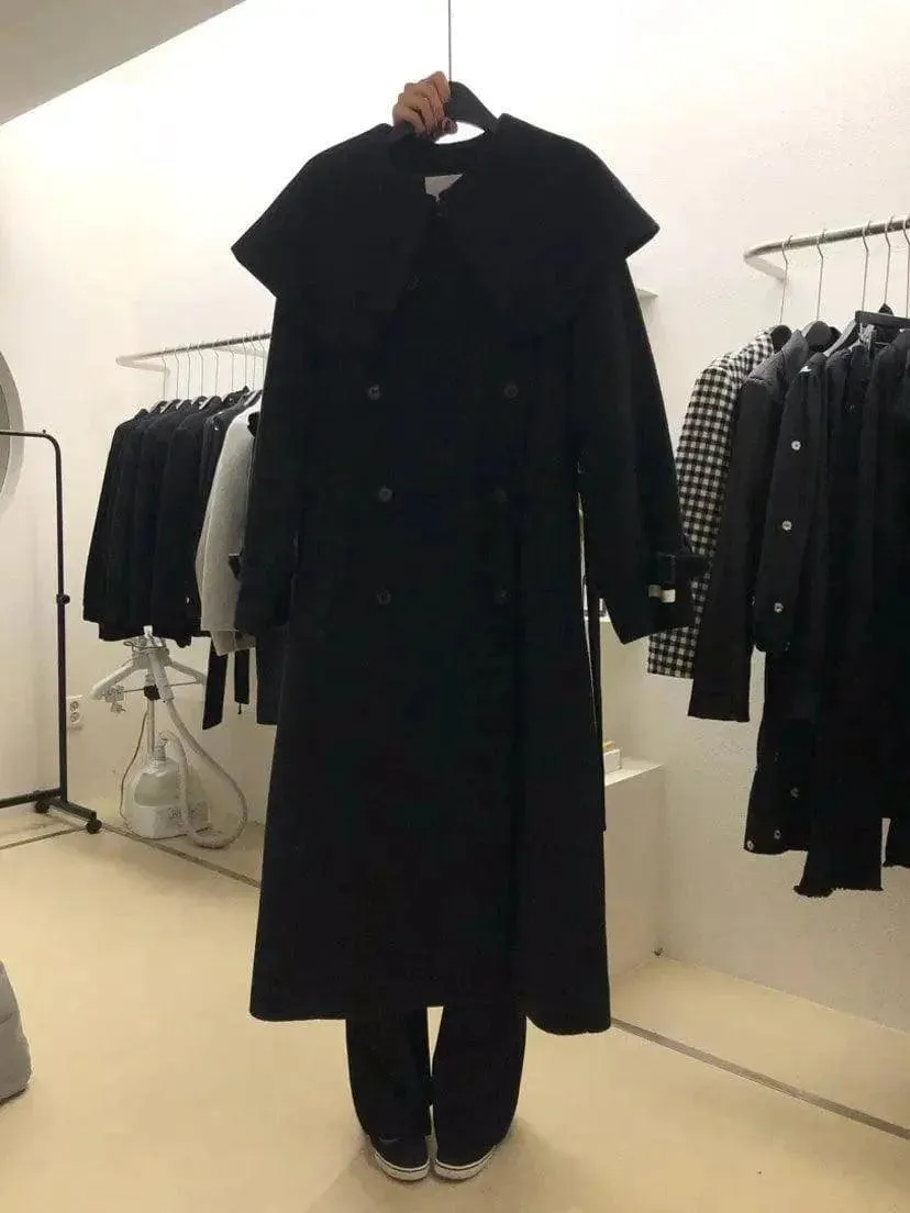 Lapel Double-Breasted Loose Solid Color Long Woolen Coat