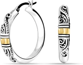 LeCalla 925 Sterling Silver Bali-Style Hoop Earrings Lightweight Click-Top Italian Antique Earring Hoops for Women