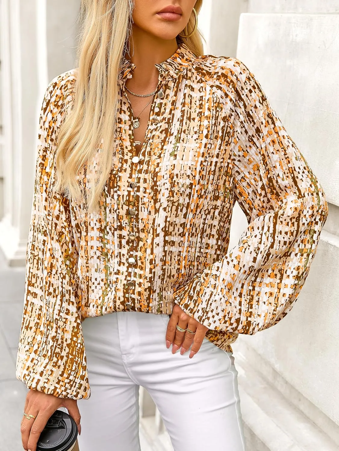 MASCOMODA Womens Boho Floral Print Fall Tops Dressy Casual V Neck Button Down Lantern Long Sleeve Shirts Chiffon Work Blouse