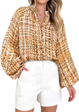 MASCOMODA Womens Boho Floral Print Fall Tops Dressy Casual V Neck Button Down Lantern Long Sleeve Shirts Chiffon Work Blouse