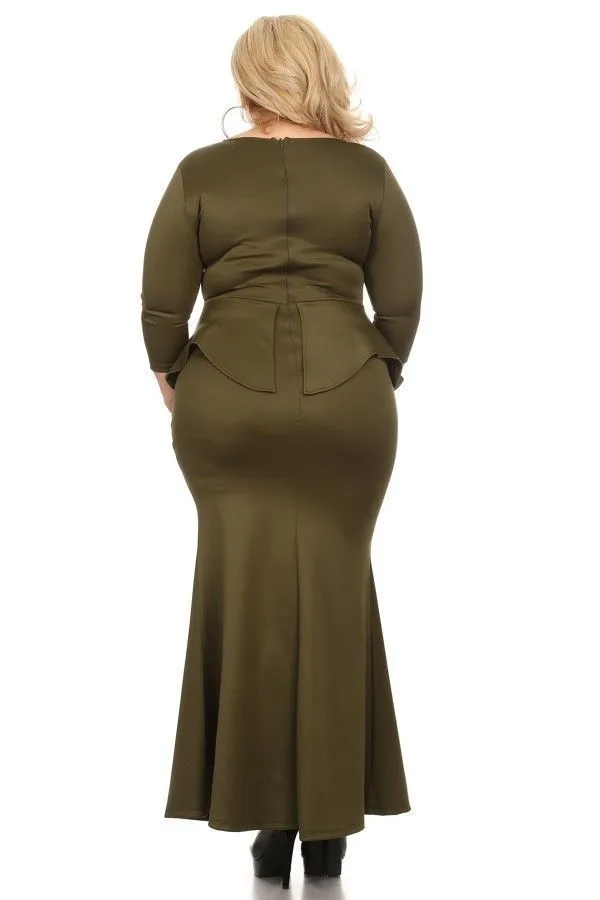 Maxi Dress Plus Peplum 3/4 Sleeve Solid Mermaid Ruffle Gown Cocktail Blush Pink