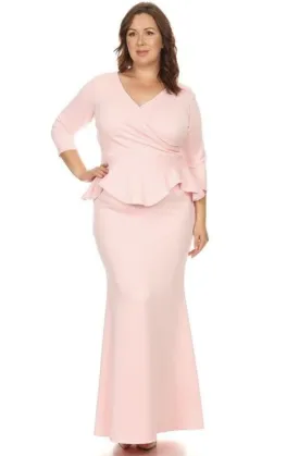 Maxi Dress Plus Peplum 3/4 Sleeve Solid Mermaid Ruffle Gown Cocktail Blush Pink
