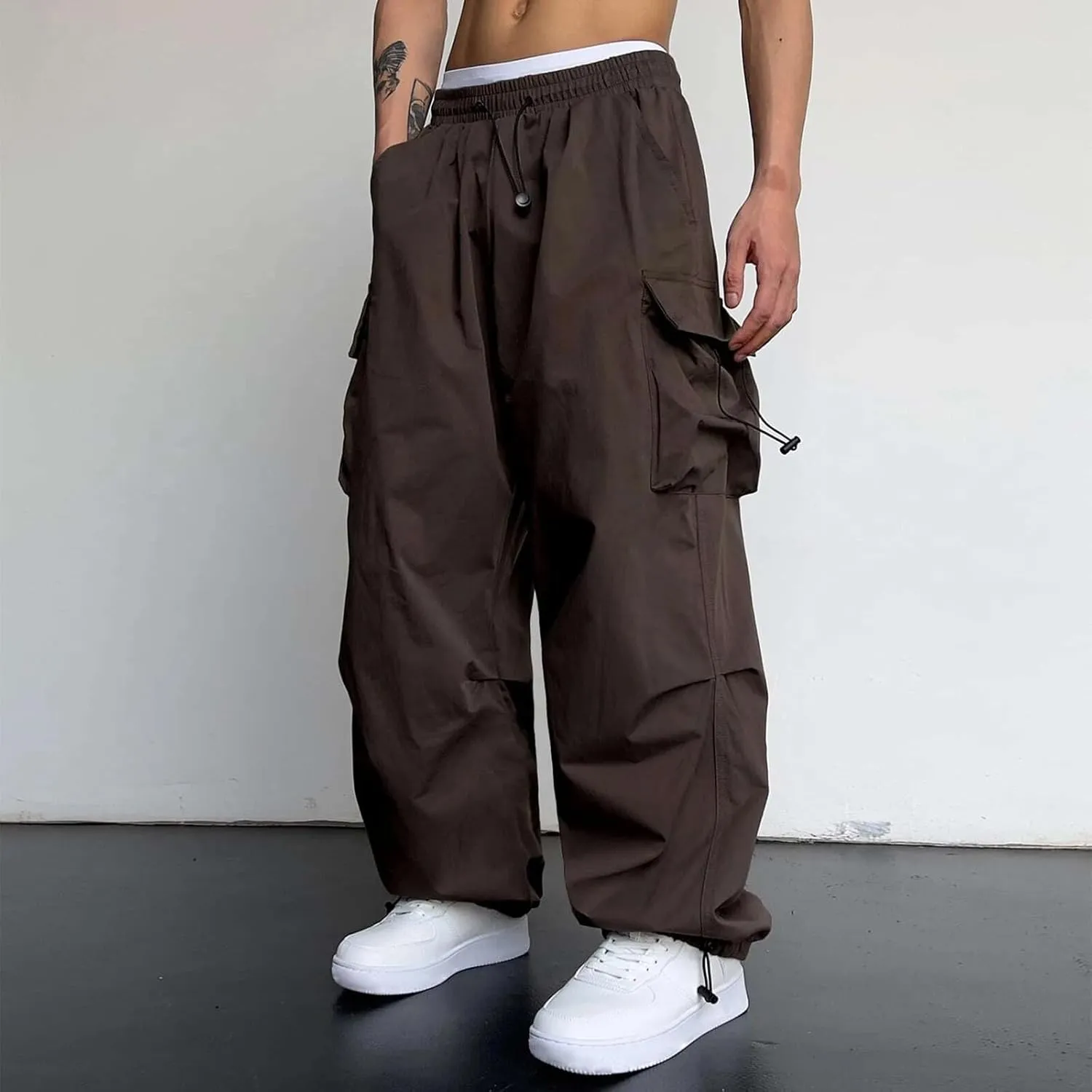 Men's Baggy Cargo Pants Casual Parachute Pant Drawstring Elastic Waist Loose Fit Athletic Joggers Sweatpants with Pockets
