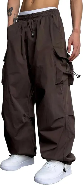 Men's Baggy Cargo Pants Casual Parachute Pant Drawstring Elastic Waist Loose Fit Athletic Joggers Sweatpants with Pockets
