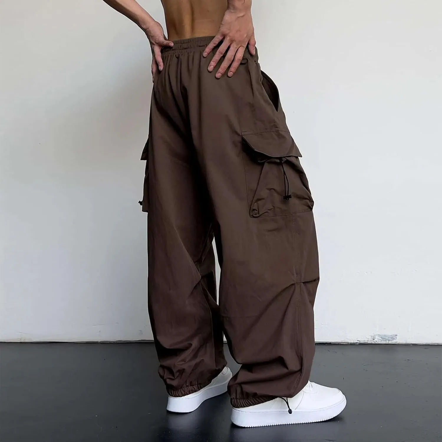 Men's Baggy Cargo Pants Casual Parachute Pant Drawstring Elastic Waist Loose Fit Athletic Joggers Sweatpants with Pockets