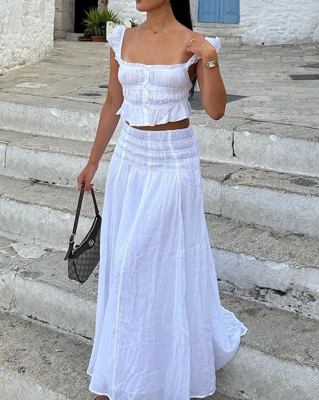 NUFIWI Women Flowy Maxi Skirt 2 Piece Outfits Y2k Tie Up Cami Top Frill Ruffle Long Skirt Matching Set Sundress