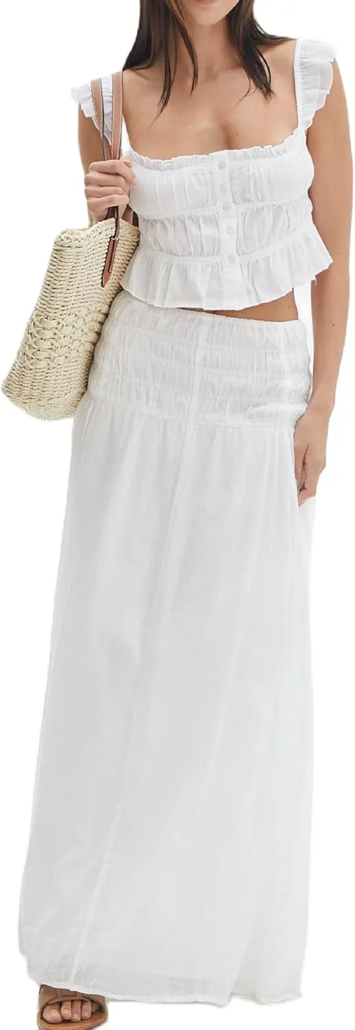 NUFIWI Women Flowy Maxi Skirt 2 Piece Outfits Y2k Tie Up Cami Top Frill Ruffle Long Skirt Matching Set Sundress