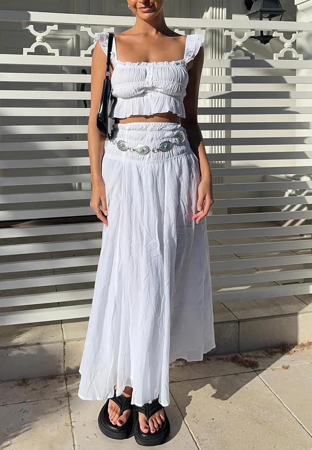 NUFIWI Women Flowy Maxi Skirt 2 Piece Outfits Y2k Tie Up Cami Top Frill Ruffle Long Skirt Matching Set Sundress