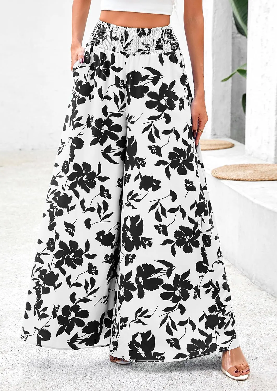 PRETTYGARDEN Women's 2025 Summer Flowy Wide Leg Palazzo Pants Dressy Casual Elastic High Waisted Pockets Boho Beach Trousers