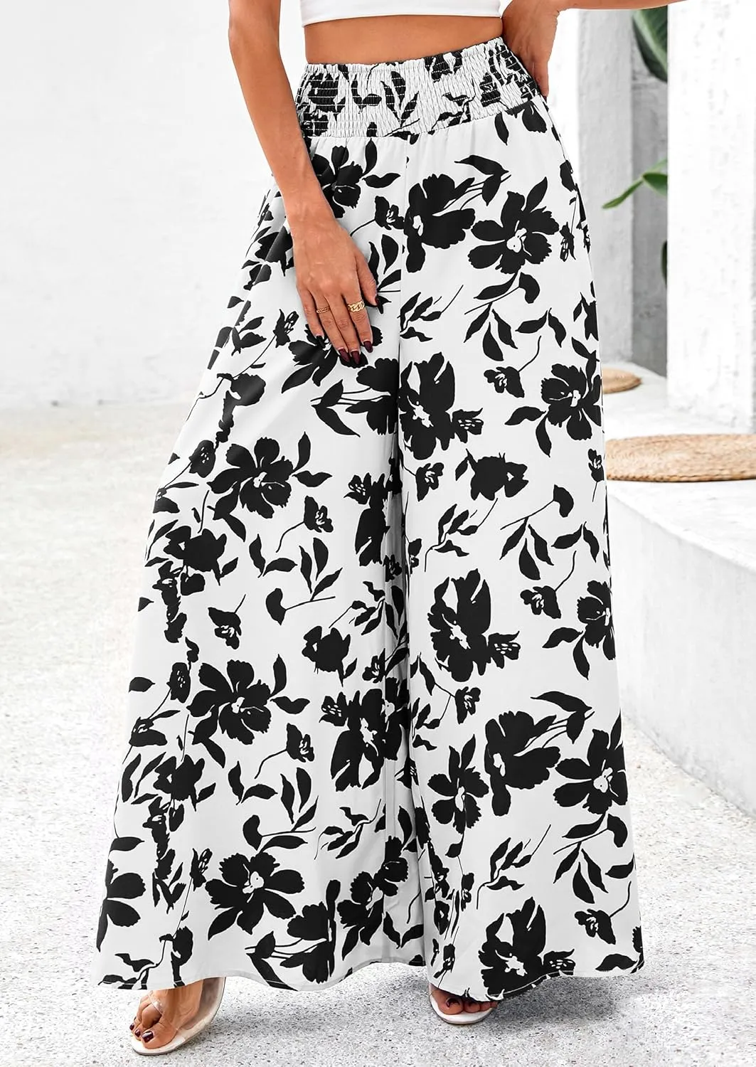 PRETTYGARDEN Women's 2025 Summer Flowy Wide Leg Palazzo Pants Dressy Casual Elastic High Waisted Pockets Boho Beach Trousers