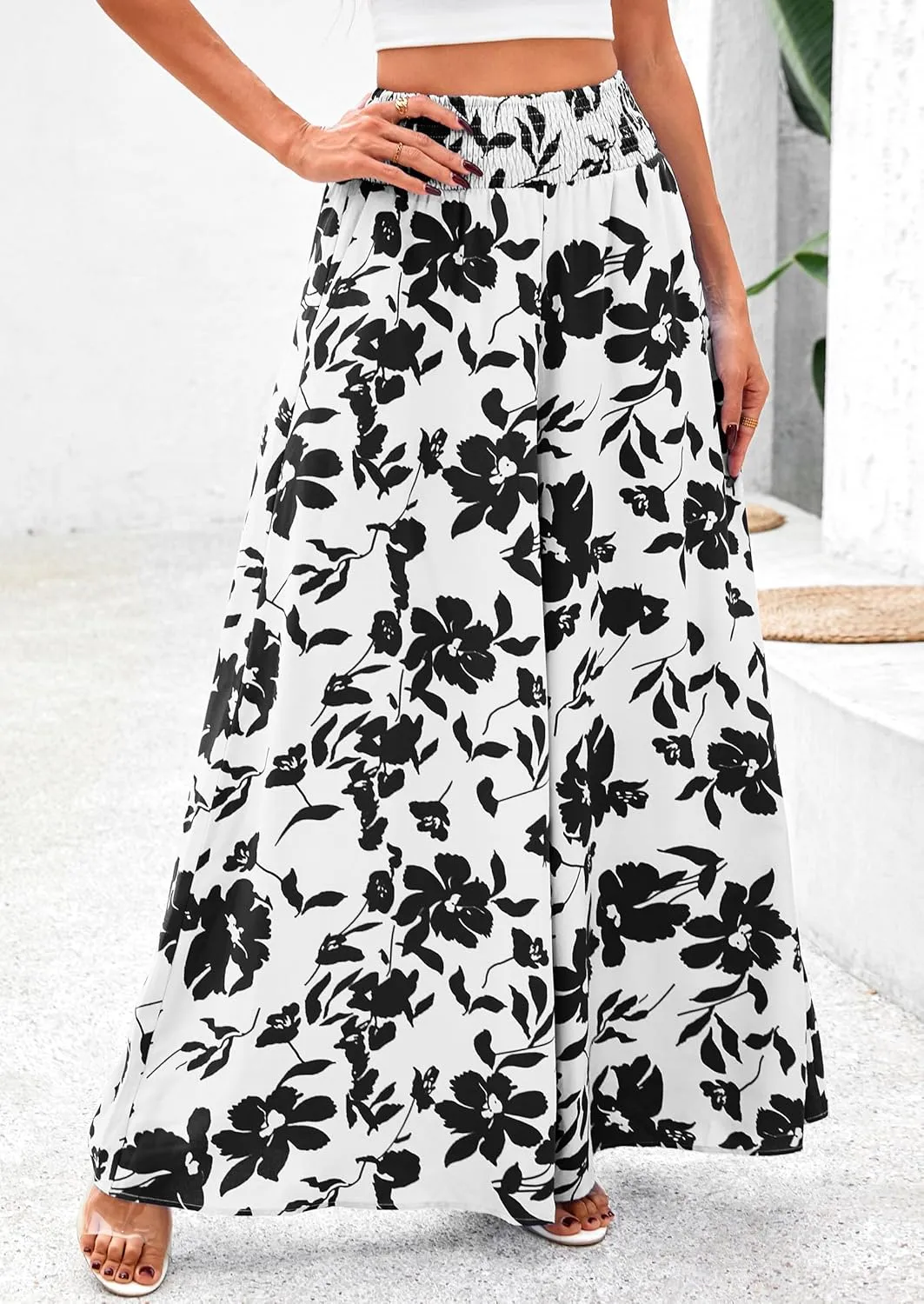 PRETTYGARDEN Women's 2025 Summer Flowy Wide Leg Palazzo Pants Dressy Casual Elastic High Waisted Pockets Boho Beach Trousers