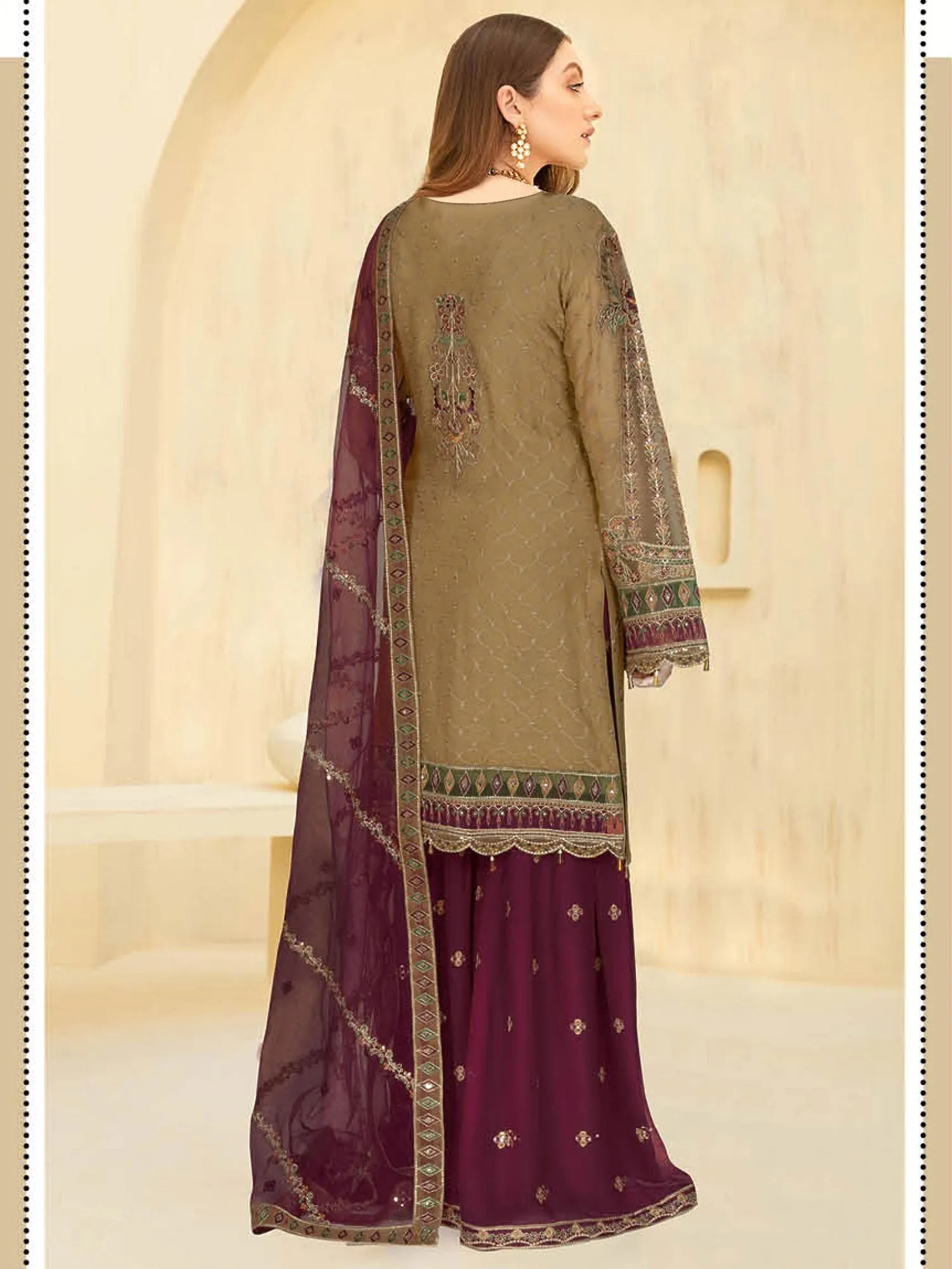 Ramsha "Kashish" Luxury Embroidered Chiffon Gharara Suit - Olive