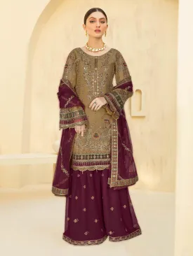 Ramsha "Kashish" Luxury Embroidered Chiffon Gharara Suit - Olive