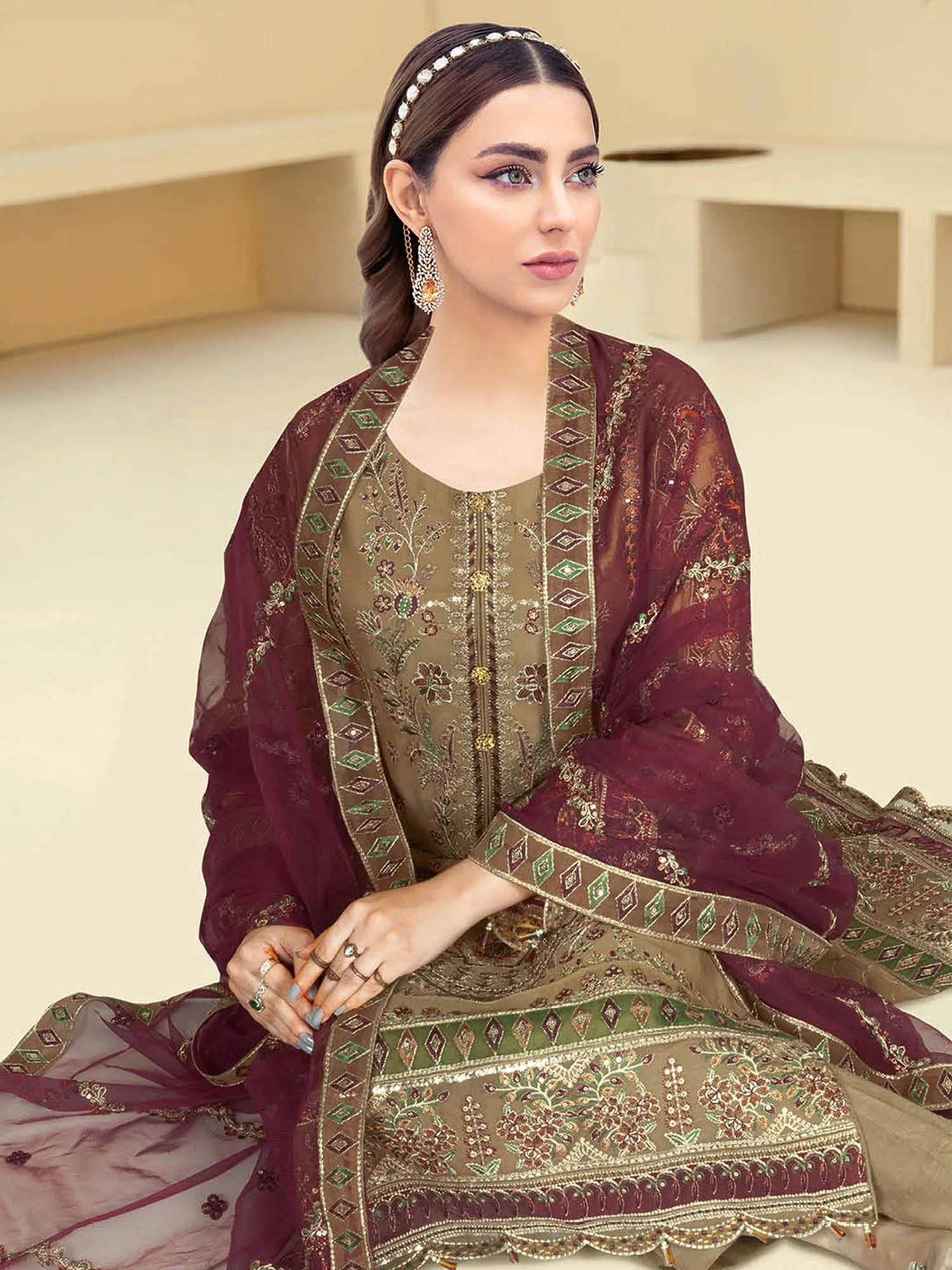 Ramsha "Kashish" Luxury Embroidered Chiffon Gharara Suit - Olive