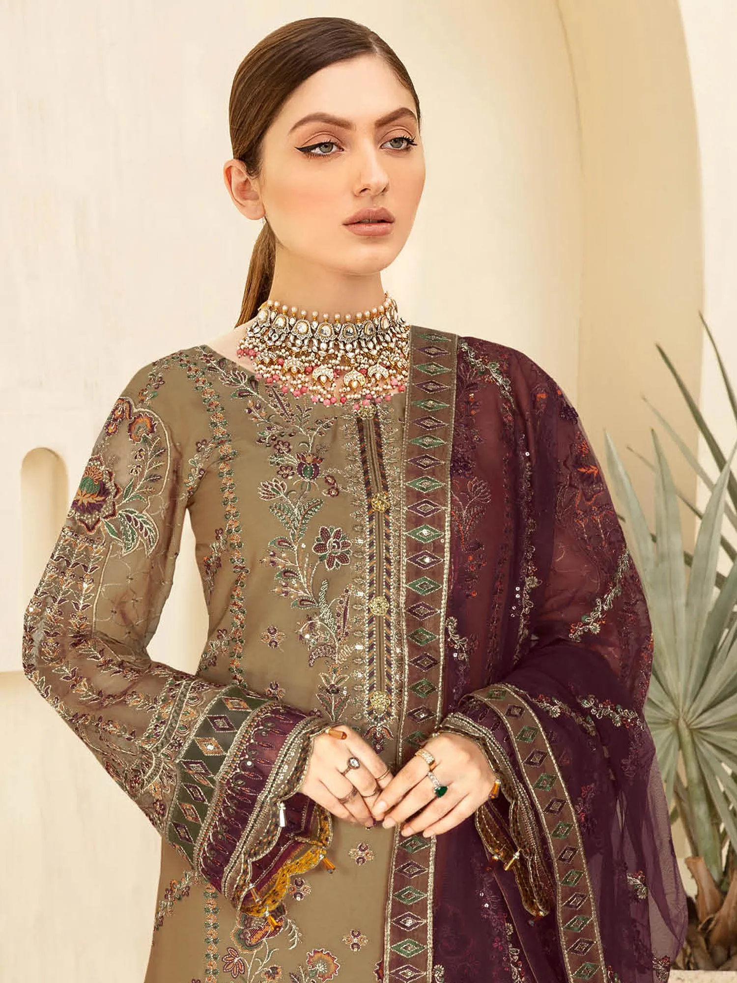 Ramsha "Kashish" Luxury Embroidered Chiffon Gharara Suit - Olive