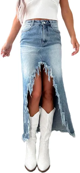 SEMATOMALA Women's Ripped High Low Slit Denim Maxi Skirt Frayed Raw Hem Split Asymmetrical Long Jean Skirt