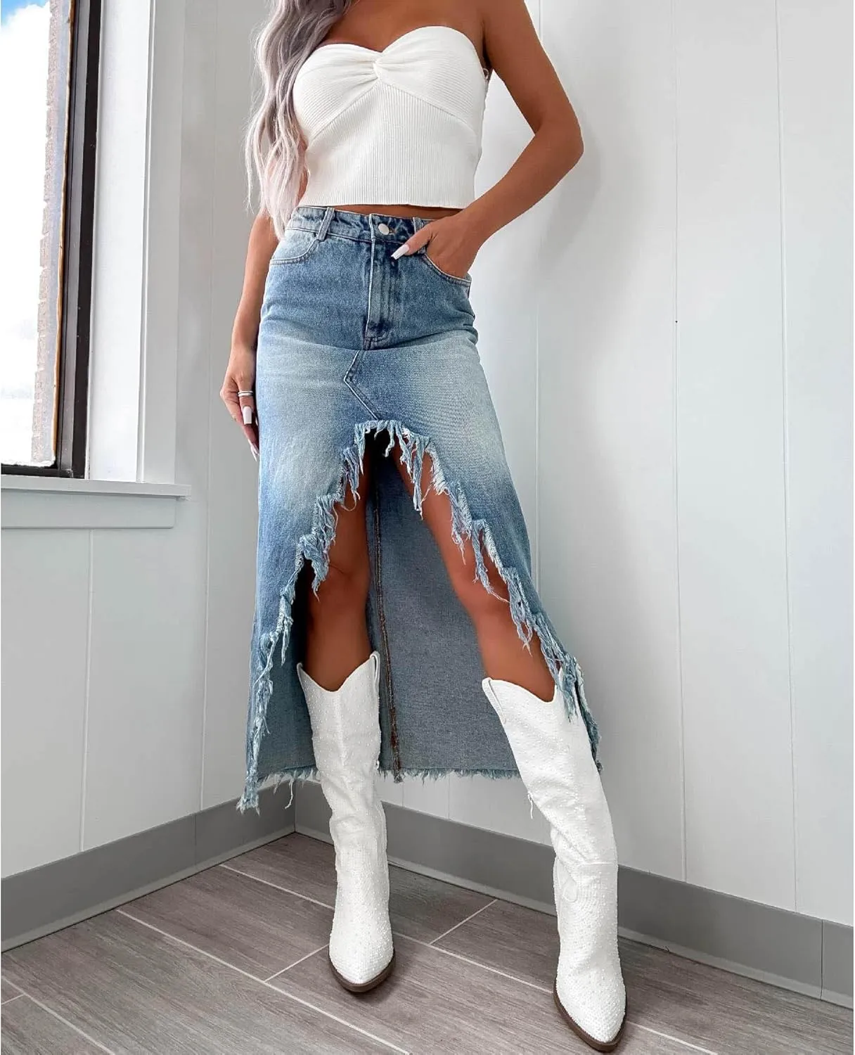 SEMATOMALA Women's Ripped High Low Slit Denim Maxi Skirt Frayed Raw Hem Split Asymmetrical Long Jean Skirt