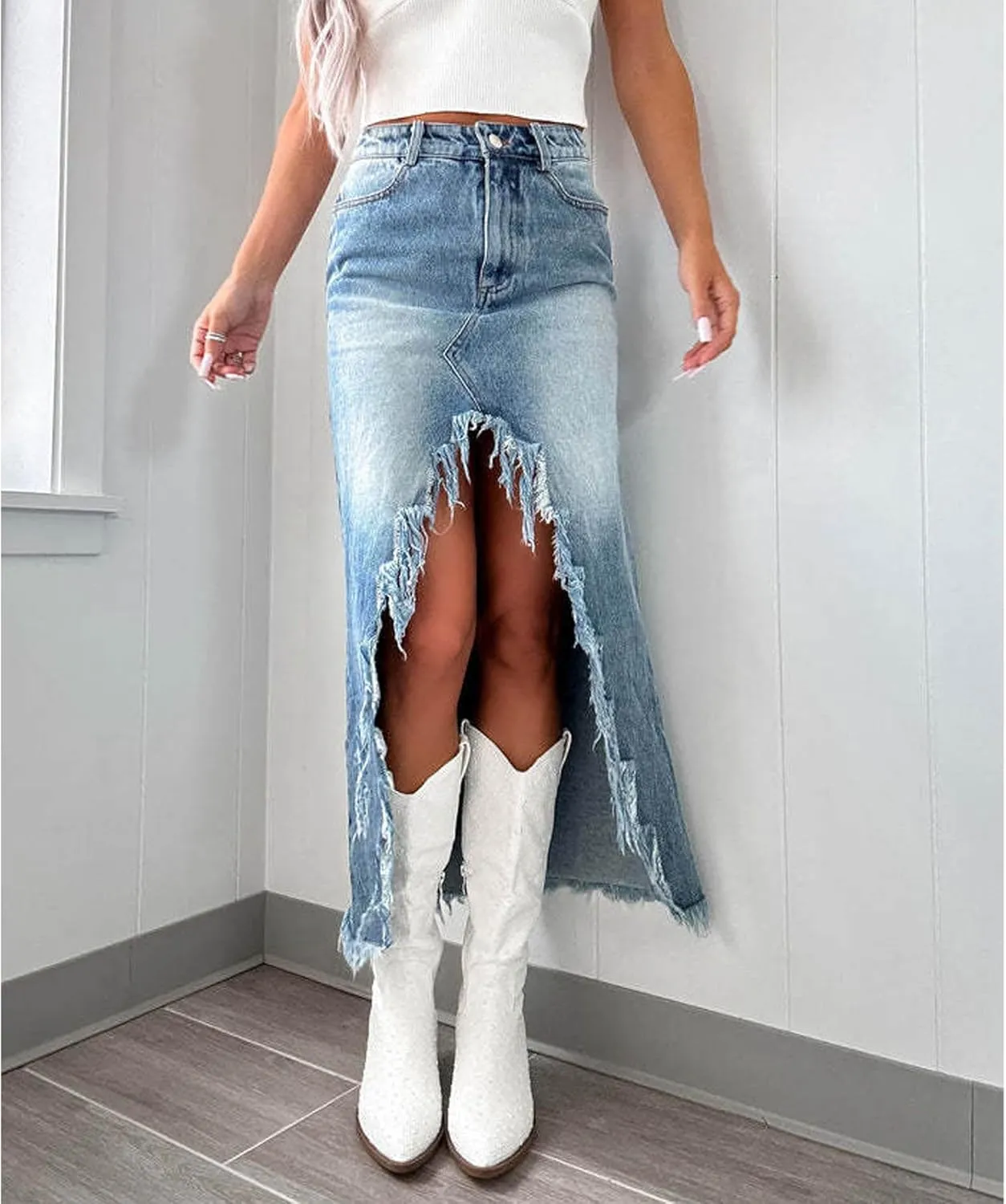 SEMATOMALA Women's Ripped High Low Slit Denim Maxi Skirt Frayed Raw Hem Split Asymmetrical Long Jean Skirt