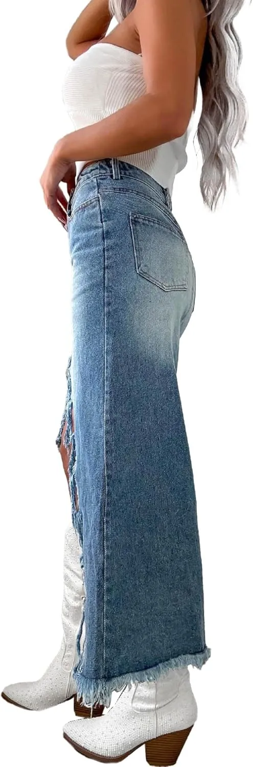 SEMATOMALA Women's Ripped High Low Slit Denim Maxi Skirt Frayed Raw Hem Split Asymmetrical Long Jean Skirt