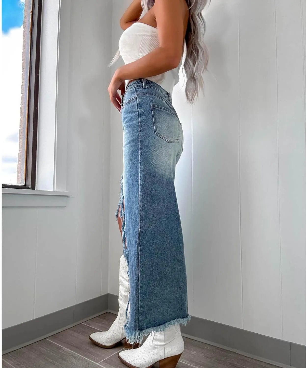 SEMATOMALA Women's Ripped High Low Slit Denim Maxi Skirt Frayed Raw Hem Split Asymmetrical Long Jean Skirt