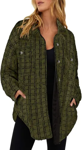 SHEWIN Women 2024 Long Sleeve Button Down Shackets Fashion Plaid Pocket Shirts Jacket