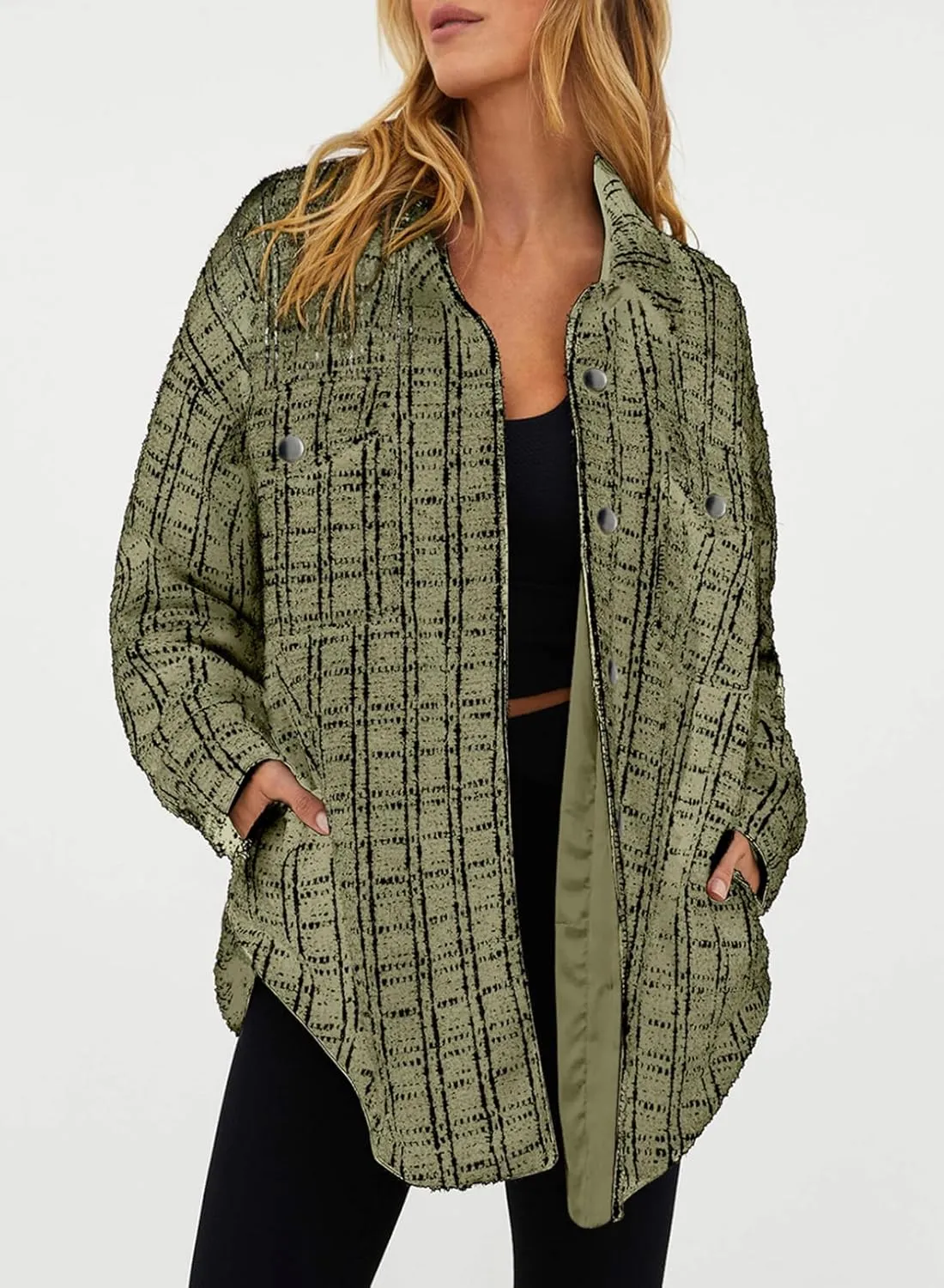 SHEWIN Women 2024 Long Sleeve Button Down Shackets Fashion Plaid Pocket Shirts Jacket