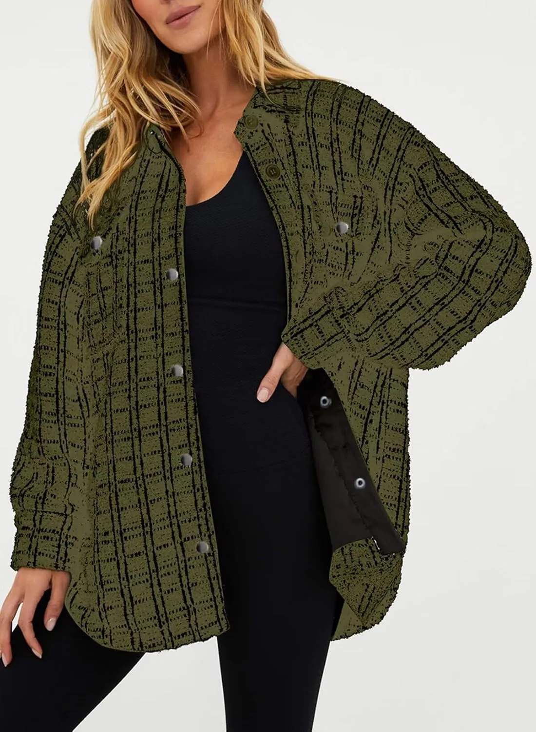 SHEWIN Women 2024 Long Sleeve Button Down Shackets Fashion Plaid Pocket Shirts Jacket