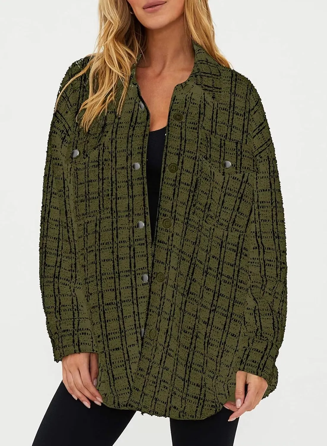 SHEWIN Women 2024 Long Sleeve Button Down Shackets Fashion Plaid Pocket Shirts Jacket