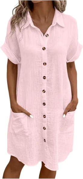Summer Dresses for Women 2025 Linen Button Down Shirt Dress Midi Sundress Casual Summer Loose Cover Up Vacation Beach