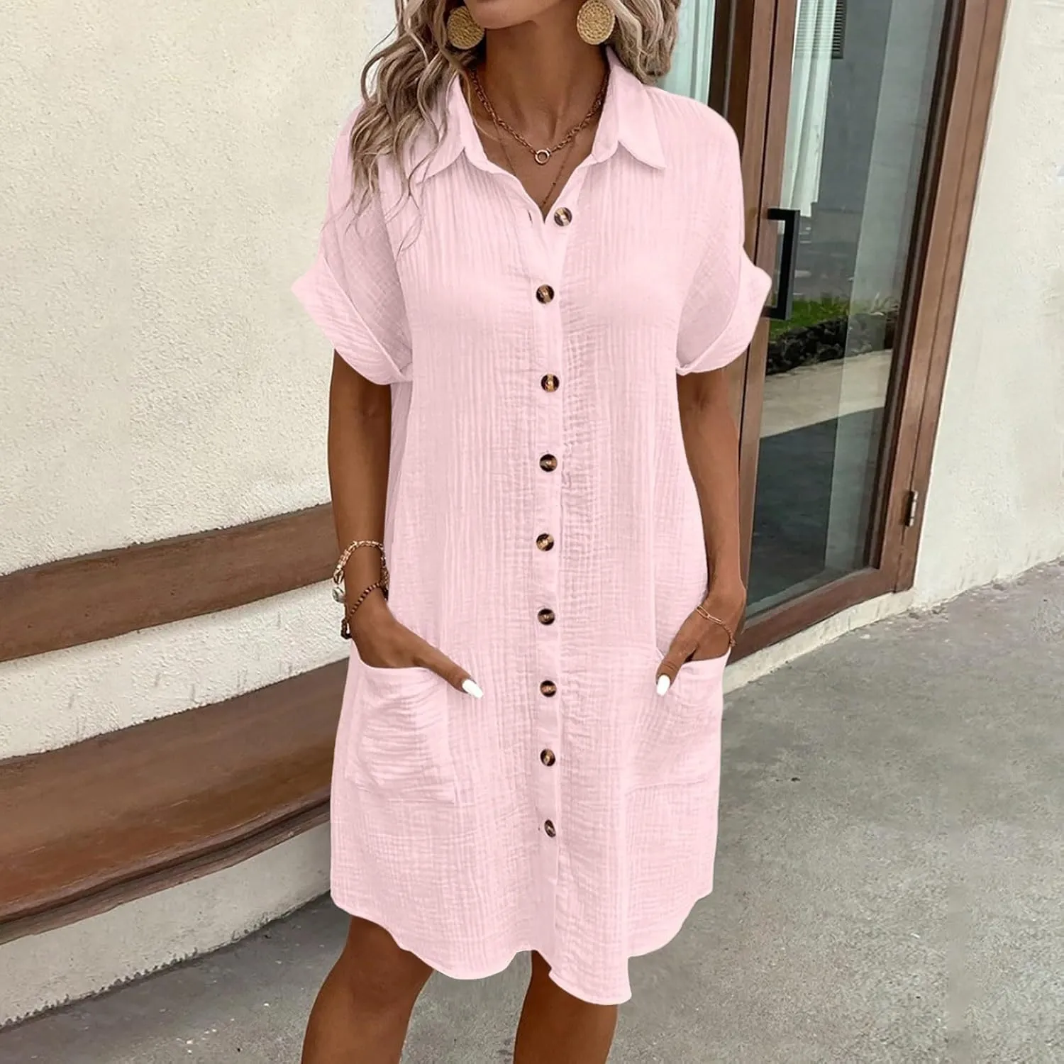 Summer Dresses for Women 2025 Linen Button Down Shirt Dress Midi Sundress Casual Summer Loose Cover Up Vacation Beach