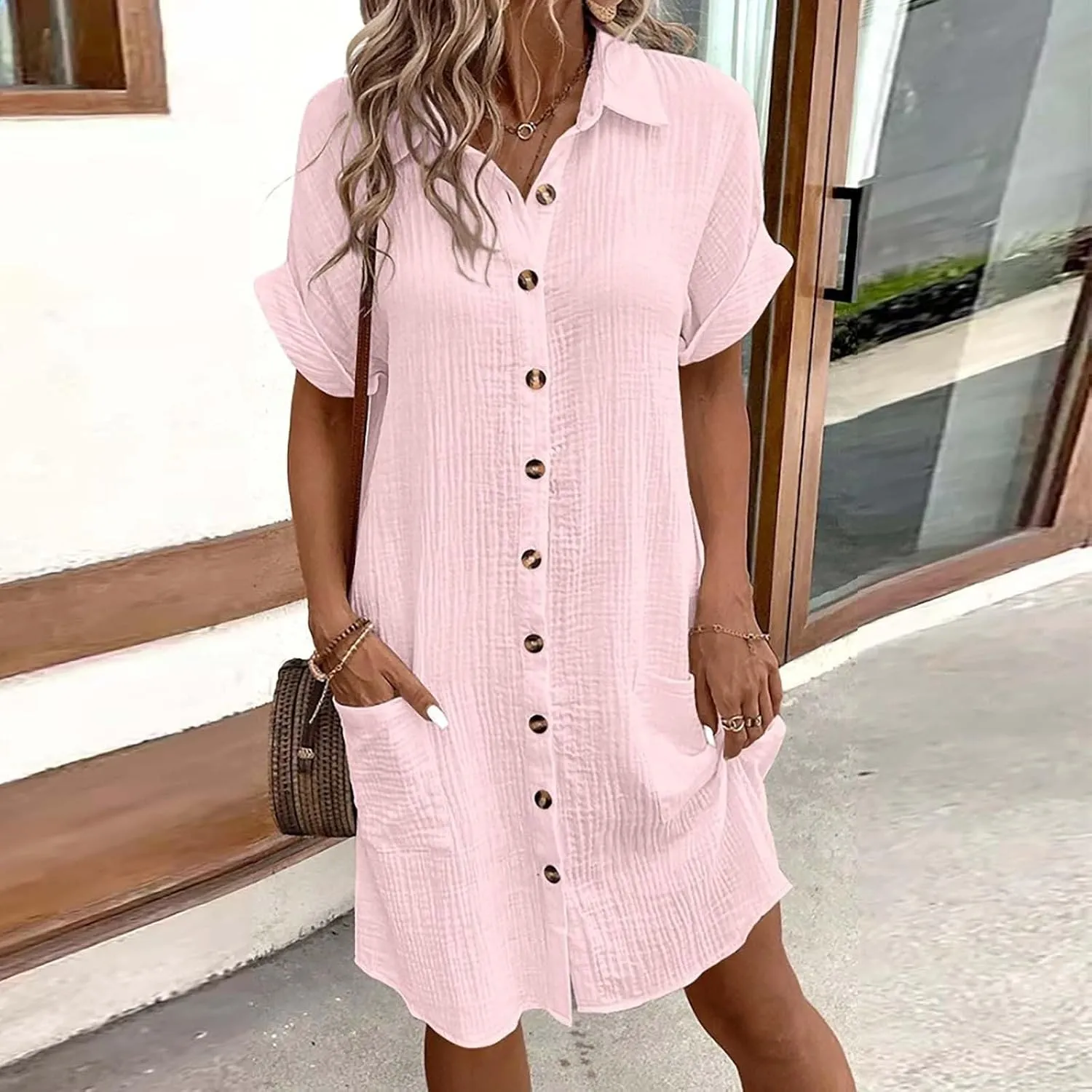 Summer Dresses for Women 2025 Linen Button Down Shirt Dress Midi Sundress Casual Summer Loose Cover Up Vacation Beach
