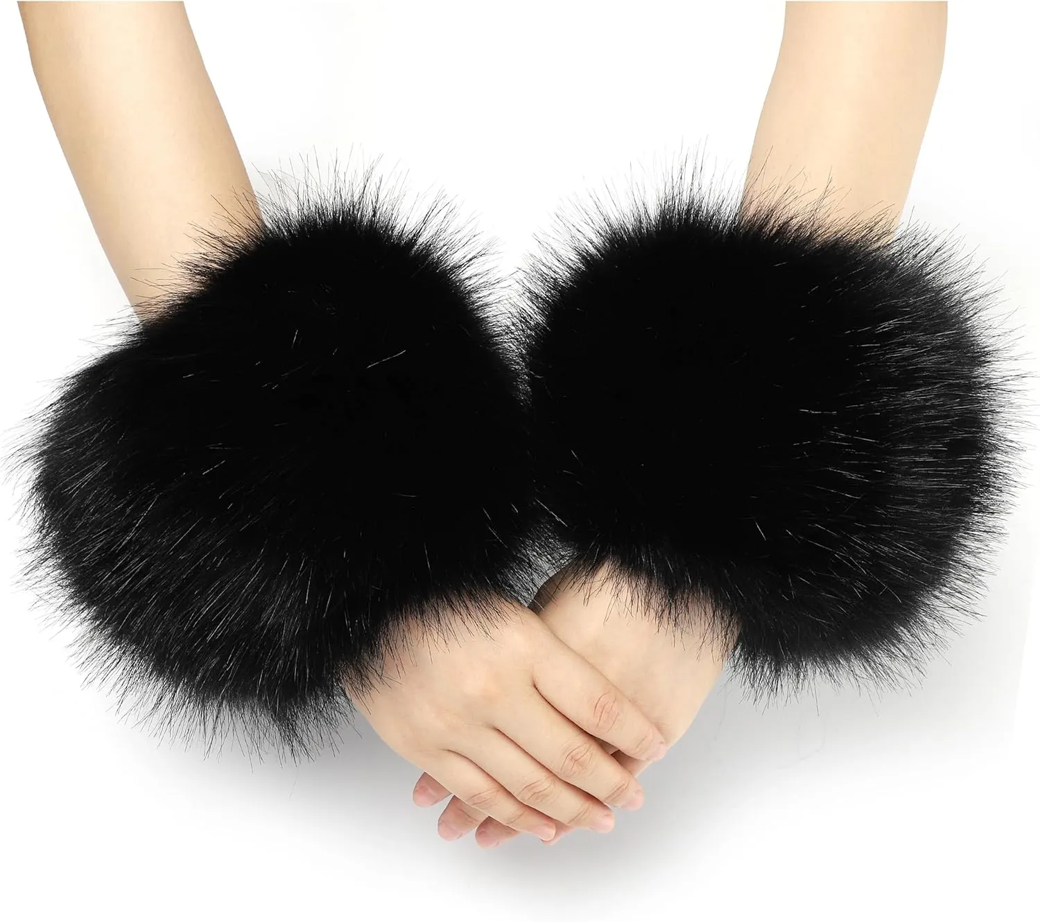 sy soul young Women's Faux Fur Wrist Cuffs Winter Fox Furry Wristbands Fluffy Fur Cuff Bracelet Arm Warmer Accessories