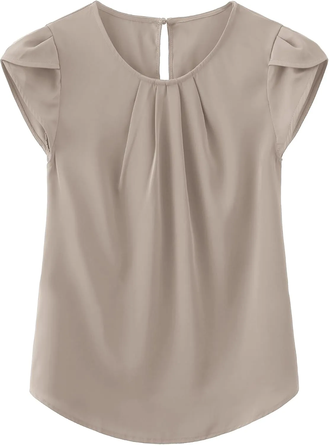 TASAMO Women's Casual Round Neck Basic Pleated Top Cap Sleeve Curved Keyhole Back Chiffon Blouse