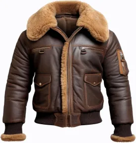 The Next Men Aviator Lapel Fur Leather Jacket Casual Bomber Coat Front Pockets Aviation Genuine Leather Jackets