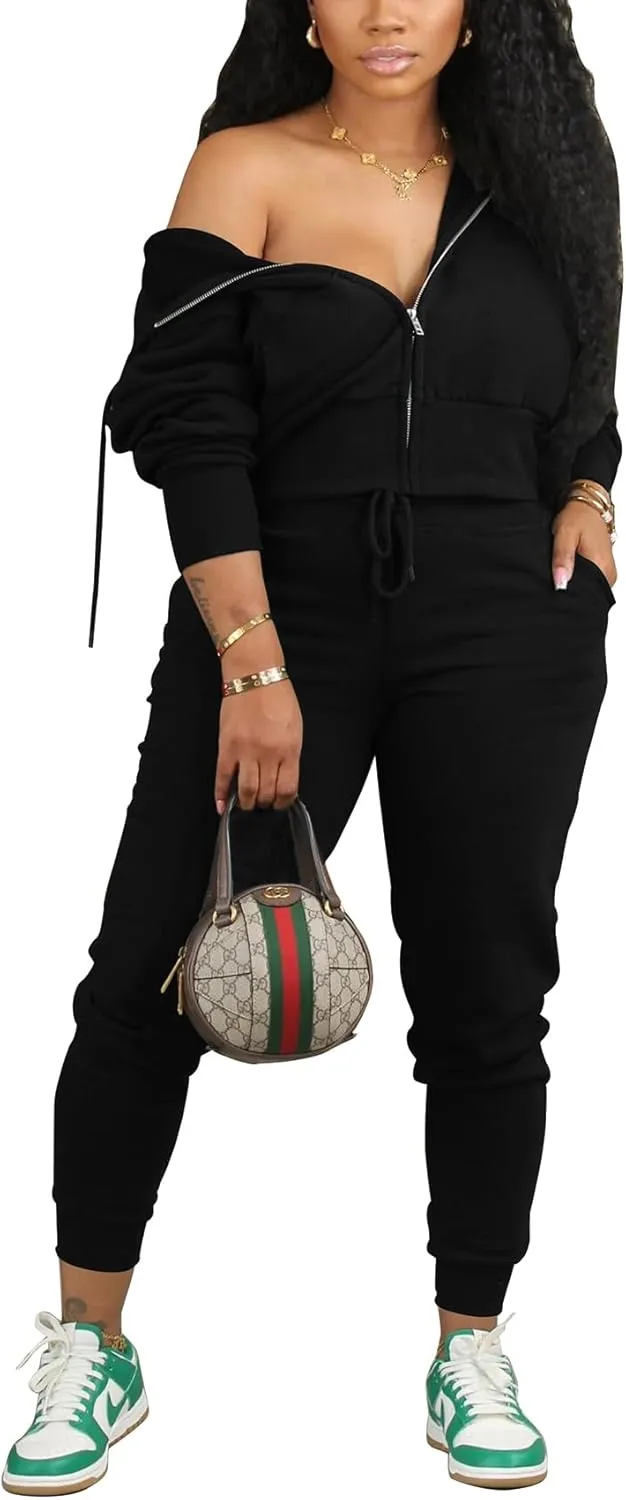TOPSRANI Womens Two Piece Outfits Casual Sweatsuits Solid Tracksuit Jogging Zip Up Jogger Hoodie Long Pant Sets with Pockets