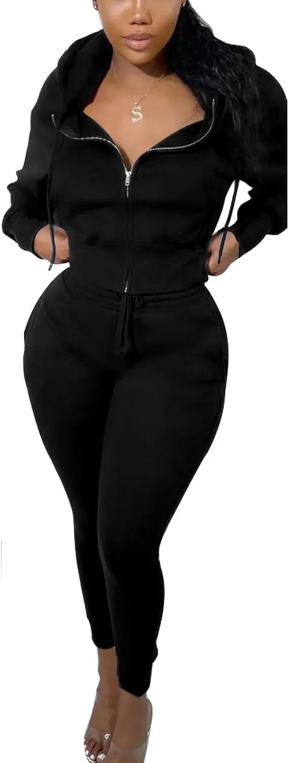 TOPSRANI Womens Two Piece Outfits Casual Sweatsuits Solid Tracksuit Jogging Zip Up Jogger Hoodie Long Pant Sets with Pockets