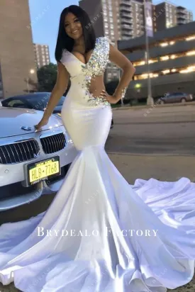 White Mermaid Crystals V-neck Cutout Long Train Prom Dress