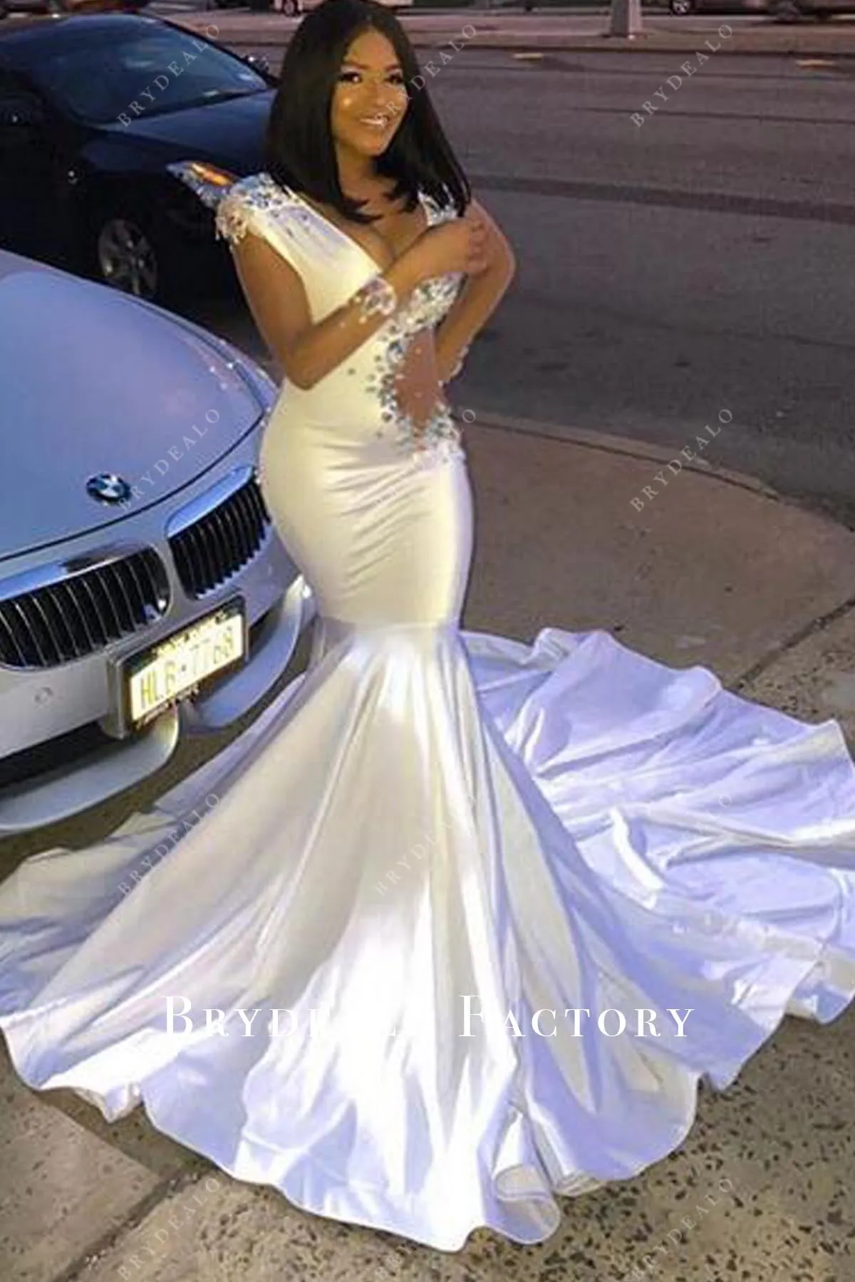 White Mermaid Crystals V-neck Cutout Long Train Prom Dress