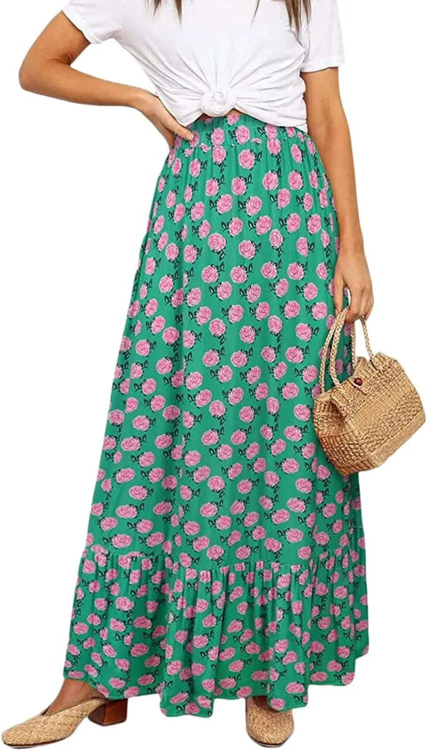 Womens Boho Maxi Skirts Summer Trendy Elastic High Waisted A Line Skort Casual Flowy Floral Ruffle Hem Beach Skirts