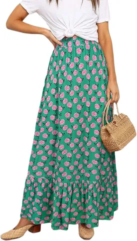 Womens Boho Maxi Skirts Summer Trendy Elastic High Waisted A Line Skort Casual Flowy Floral Ruffle Hem Beach Skirts