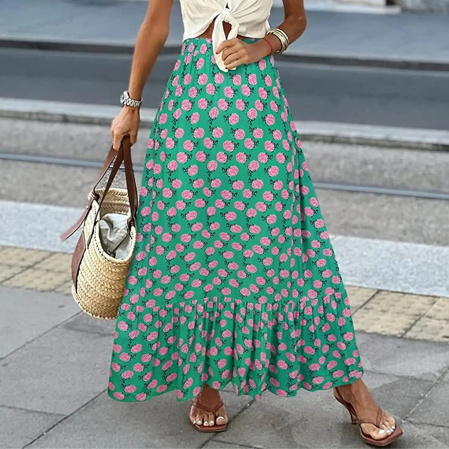 Womens Boho Maxi Skirts Summer Trendy Elastic High Waisted A Line Skort Casual Flowy Floral Ruffle Hem Beach Skirts