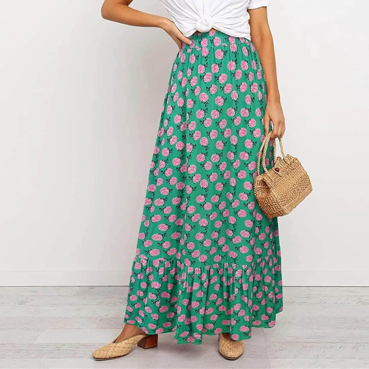 Womens Boho Maxi Skirts Summer Trendy Elastic High Waisted A Line Skort Casual Flowy Floral Ruffle Hem Beach Skirts