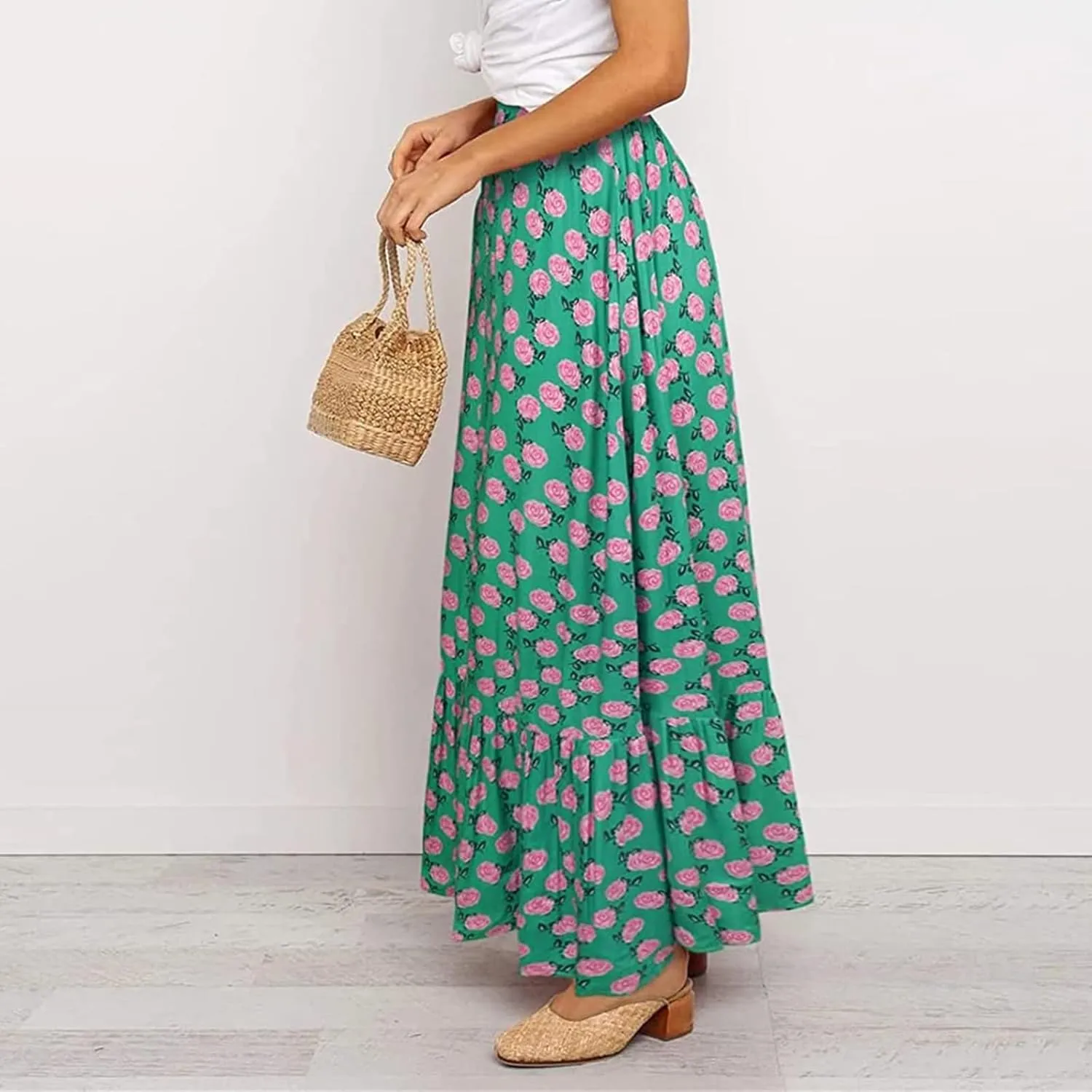 Womens Boho Maxi Skirts Summer Trendy Elastic High Waisted A Line Skort Casual Flowy Floral Ruffle Hem Beach Skirts