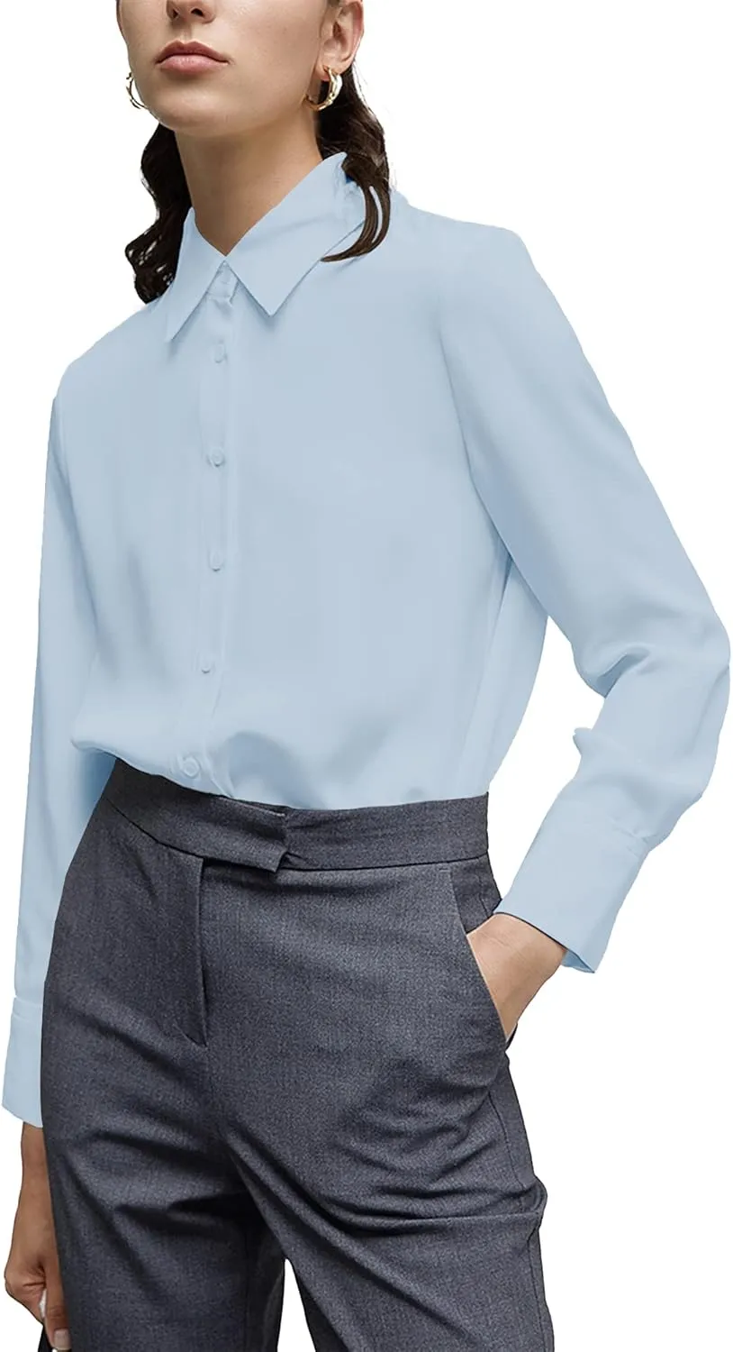 Women's Button Down Shirt Classic Long Sleeve Collared Tops Work Office Chiffon Blouse