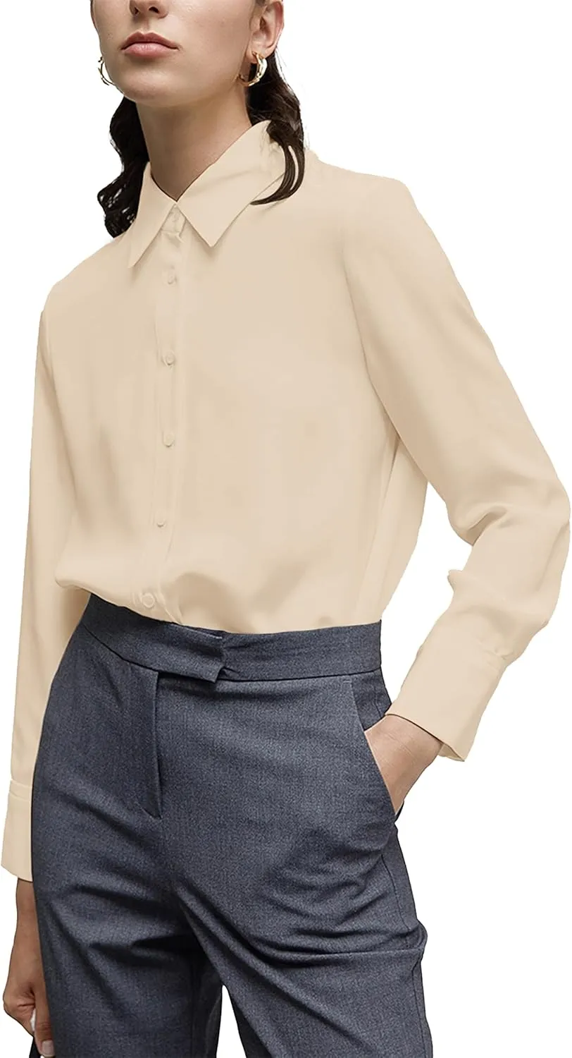 Women's Button Down Shirt Classic Long Sleeve Collared Tops Work Office Chiffon Blouse