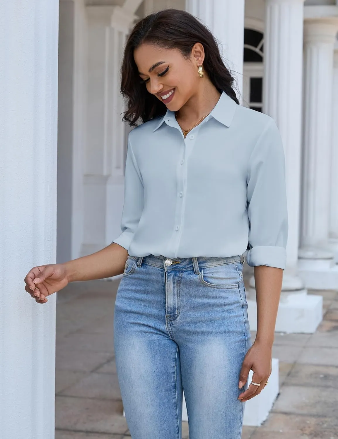 Women's Button Down Shirt Classic Long Sleeve Collared Tops Work Office Chiffon Blouse