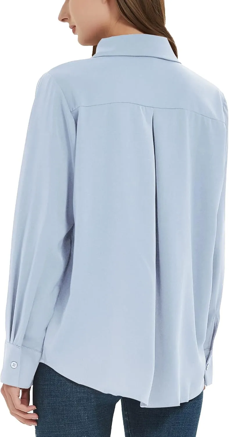 Women's Button Down Shirt Classic Long Sleeve Collared Tops Work Office Chiffon Blouse
