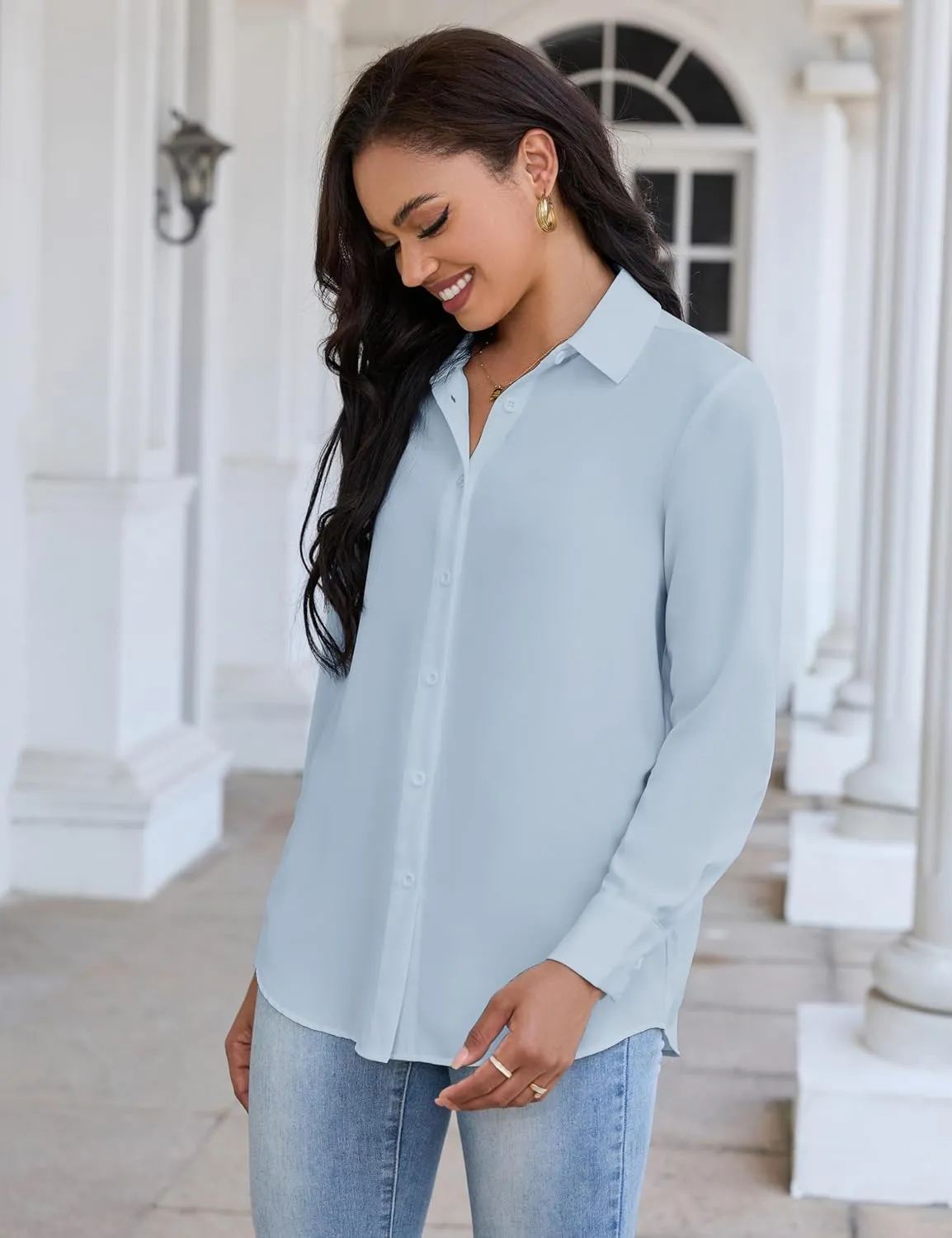 Women's Button Down Shirt Classic Long Sleeve Collared Tops Work Office Chiffon Blouse