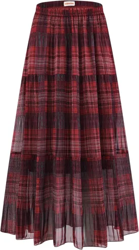 Womens Chiffon Long Skirt Elastic High Waist Floral Maxi Skirts Tiered Pleated A Line Boho Flowy Long Skirts